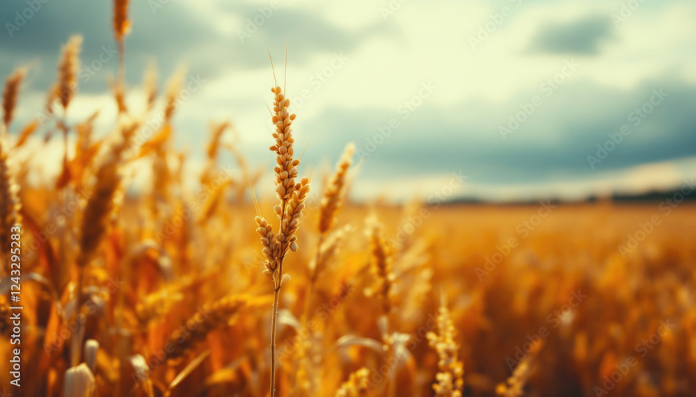 Fototapeta premium Golden wheat field under cloudy sky at sunset