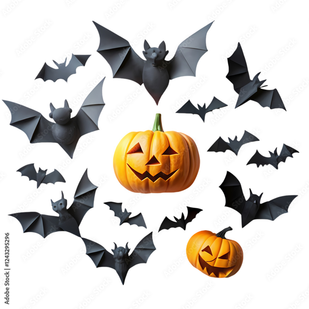 Naklejka premium Spooky halloween jack olantern pumpkins bats night dark festive october on transparent background