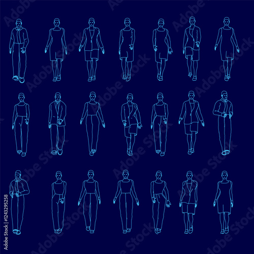 A blue image of a group of people walking. The image is a series of black drawings of people in various poses. Scene is somewhat somber and contemplative