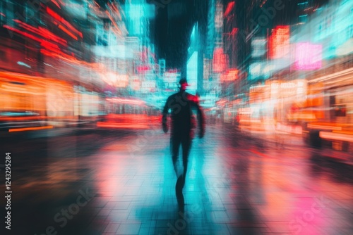 Wallpaper Mural Blurred Urban Landscape with Anonymous Figure Walking through Neon Lights at Night Torontodigital.ca