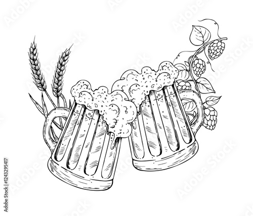Vector Glass of beer with cap of foam and common hop. Graphic ink ale illustration, organic Humulus lupulus branch with leaves and cones isolated on background. Hand drawn line sketch. For designers