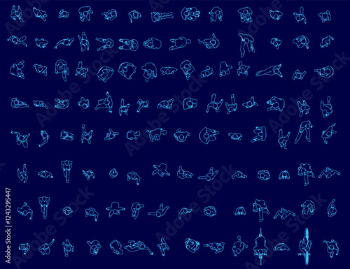 A blue image of many people in various poses. The image is a collection of drawings of people in different positions, with some standing and others sitting. Scene is somewhat abstract. Top view