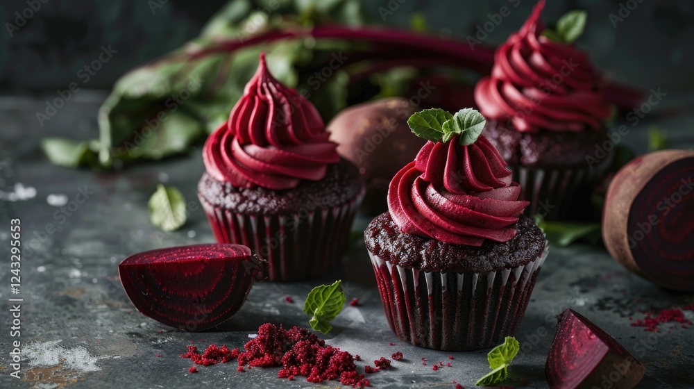 Beetroot chocolate cupcakes with pink frosting and mint decoration. Natural colorants, natural dyes, color additives Beetroot chocolate cupcakes with pink frosting and mint decoration. Natural colorants, natural dyes, color additives