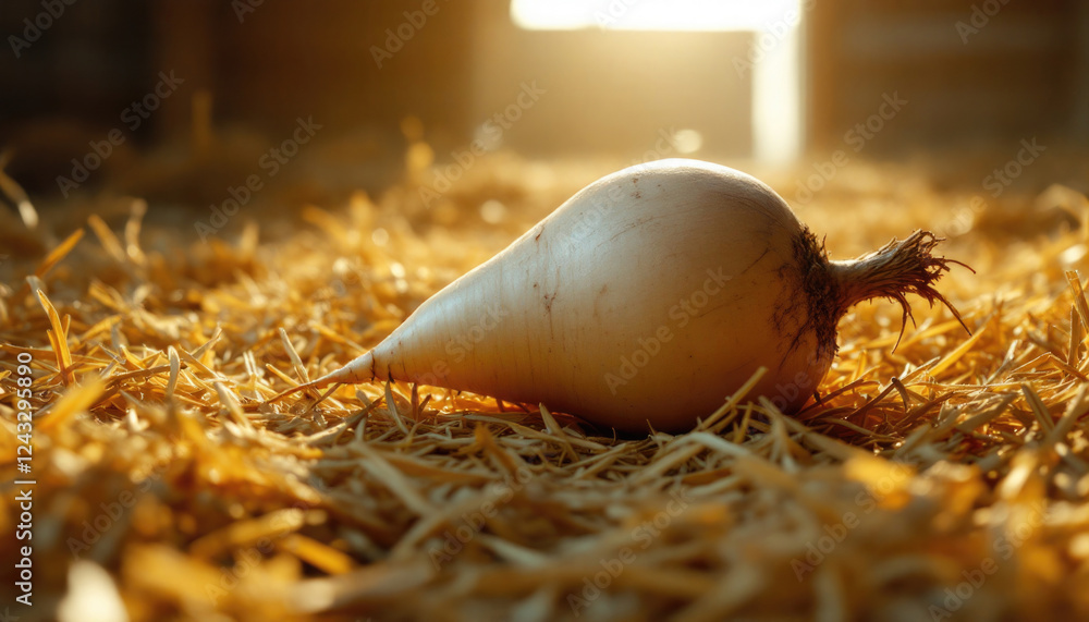 Obraz premium White turnip resting on golden straw in sunlit agricultural barn