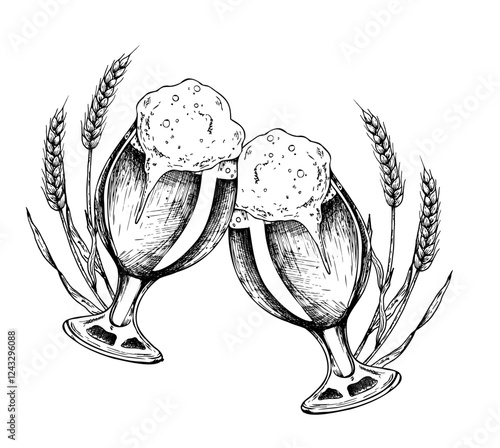 Vector Glass of beer with cap of foam and ears of wheat. Graphic ink ale illustration, eco, organic rye or barley and cones isolated on background. Hand drawn line sketch. For designers, prints, logo
