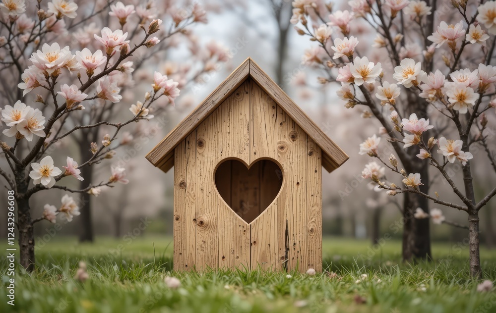 A wooden house with a heart-shaped window and spring flowers surrounding it A wooden house with a heart-shaped window and spring flowers surrounding it