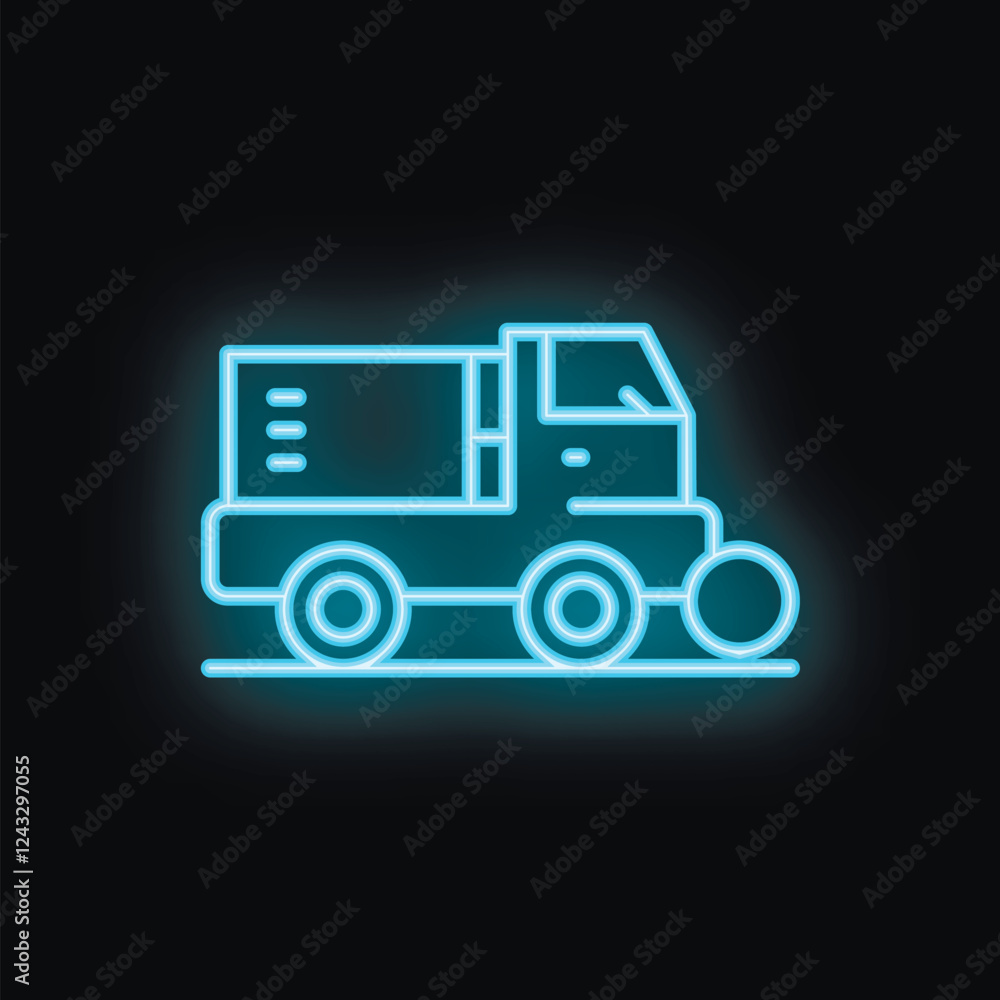 Blue glowing neon icon of delivery truck moving on the road Blue glowing neon icon of delivery truck moving on the road