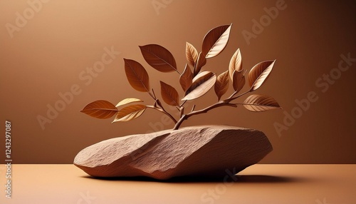 minimalist sculpture of a mocha plant on top of a rock with a brown background leaves and twigs appear to be floating in the air