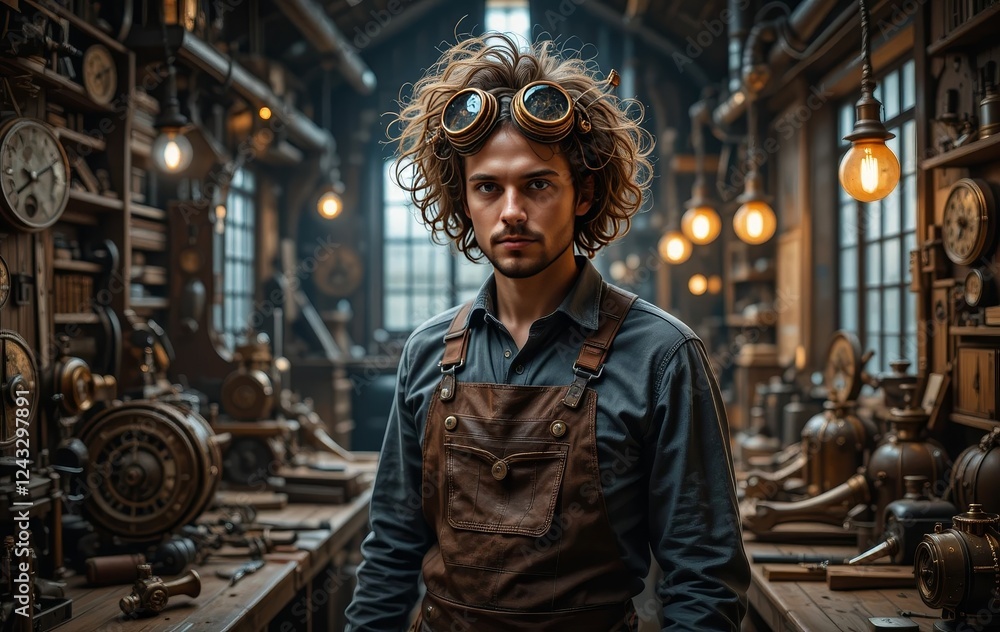 An illustration of a steampunk inventor working in their workshop surrounded by clockwork devices and tools.