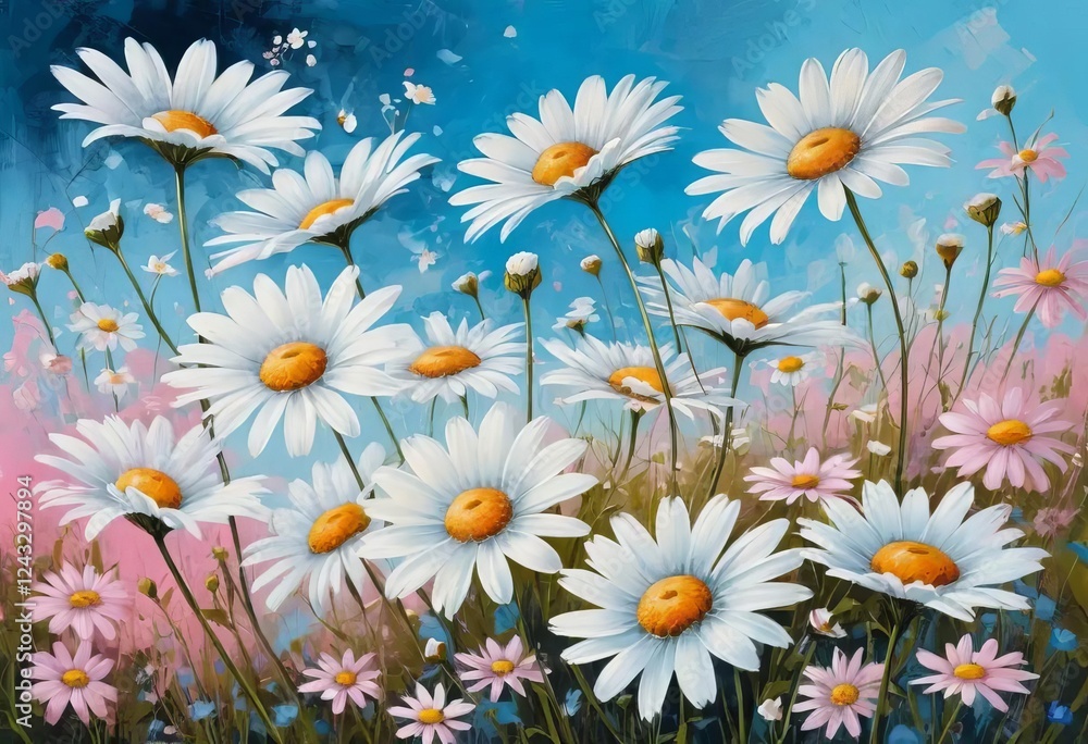 An illustration of a field of white daisies with a blue and pink background An illustration of a field of white daisies with a blue and pink background