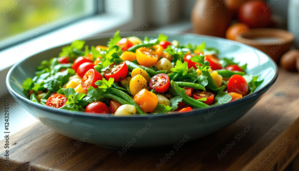 Fresh tomato cucumber salad with parsley and green beans in blue bowl by window Fresh tomato cucumber salad with parsley and green beans in blue bowl by window