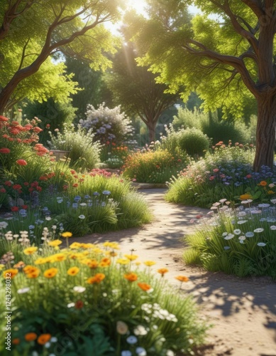 Sunny garden scene with trees and flowers in the foreground and a blurred background, blurred, nature, trees
