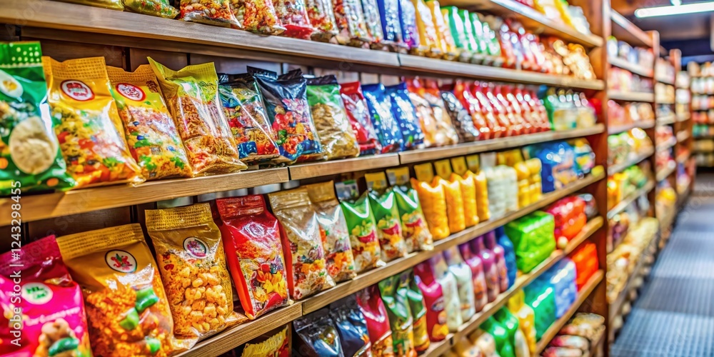 Fototapeta premium Colorful Japanese Snacks on Retail Display Shelf - Vibrant Packaging & Sweet Treats