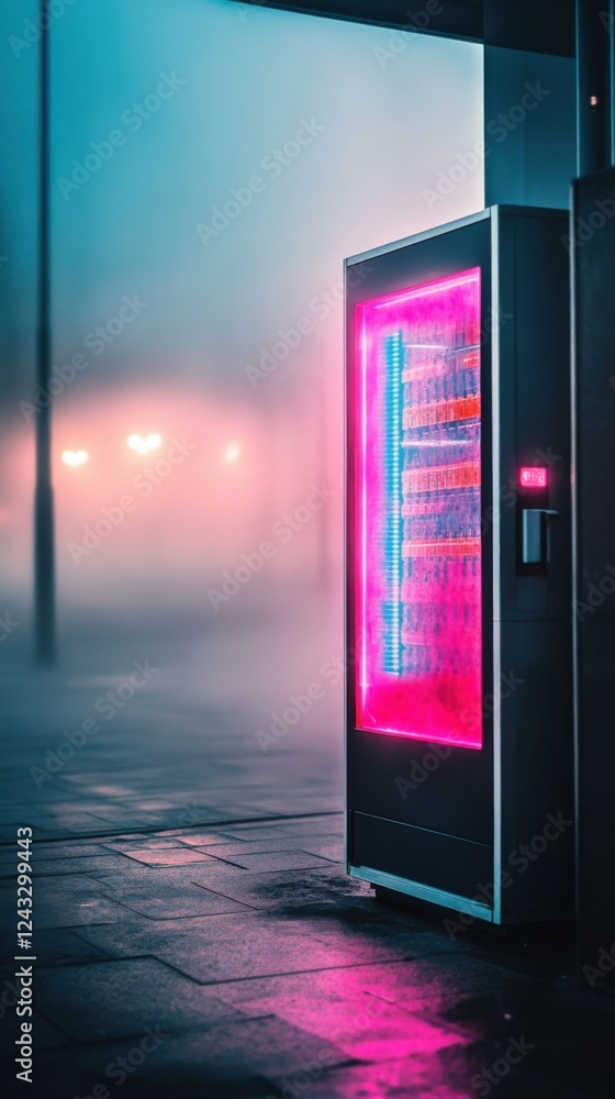 Colorful vending machine illuminated in foggy urban night setting with glowing lights and hazy atmosphere Colorful vending machine illuminated in foggy urban night setting with glowing lights and hazy atmosphere