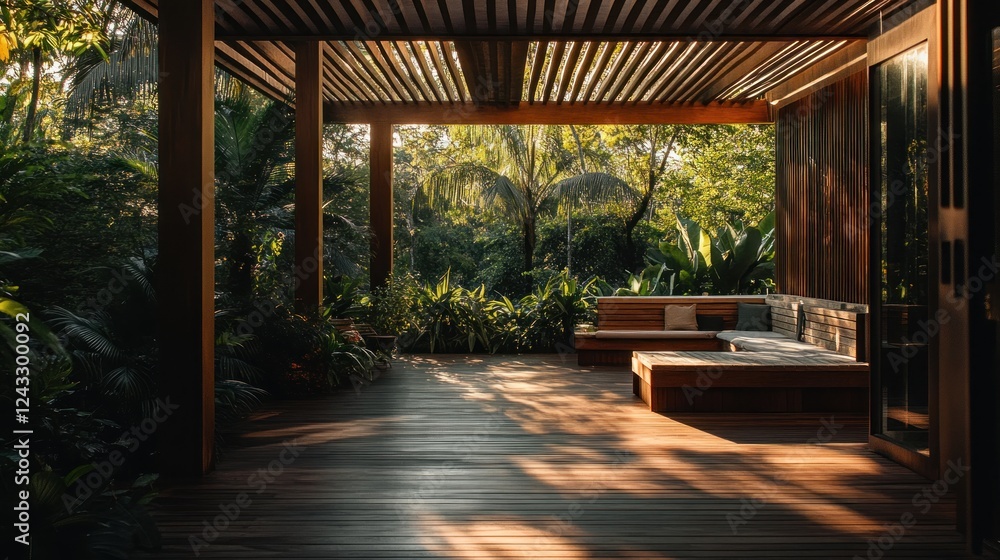 Sunlit wooden deck patio with tropical garden view. Sunlit wooden deck patio with tropical garden view.