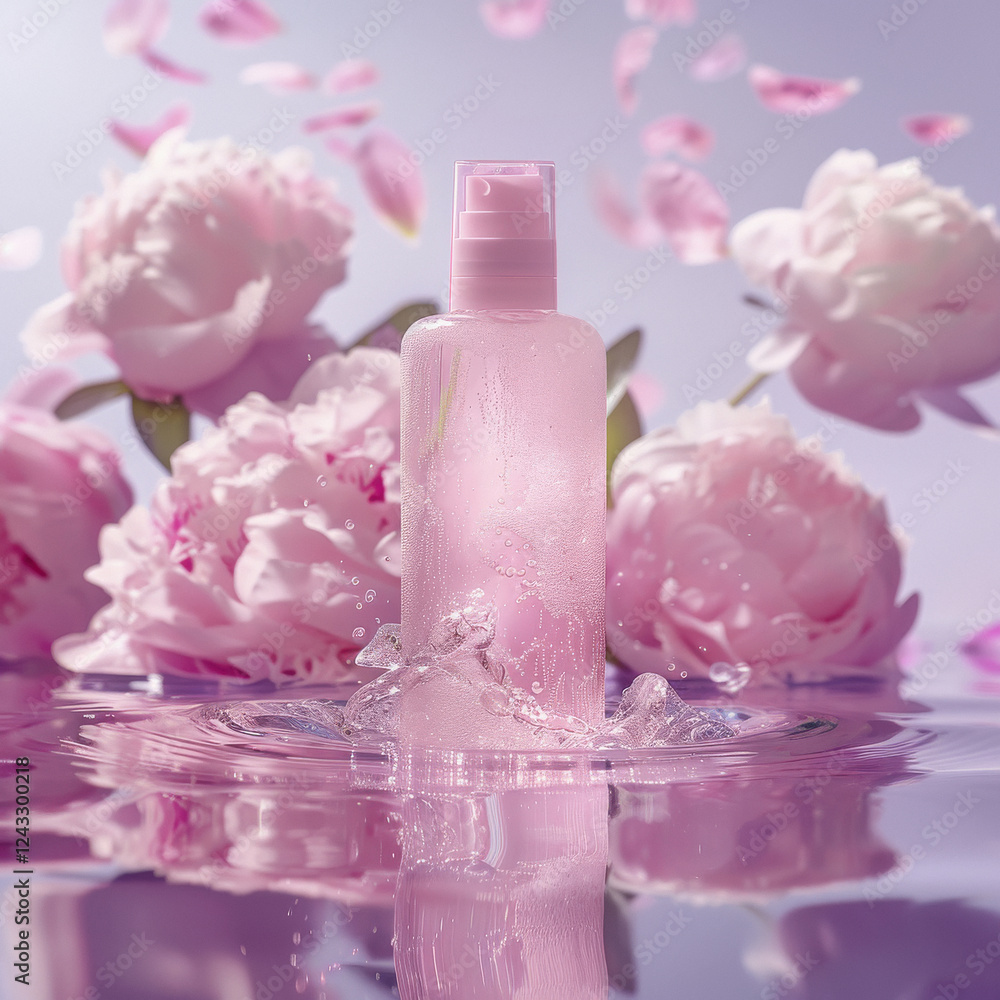 A bottle of botox surrounded by pink spheres against a pink background with a pink and gold color palette. A bottle of botox surrounded by pink spheres against a pink background with a pink and gold color palette.