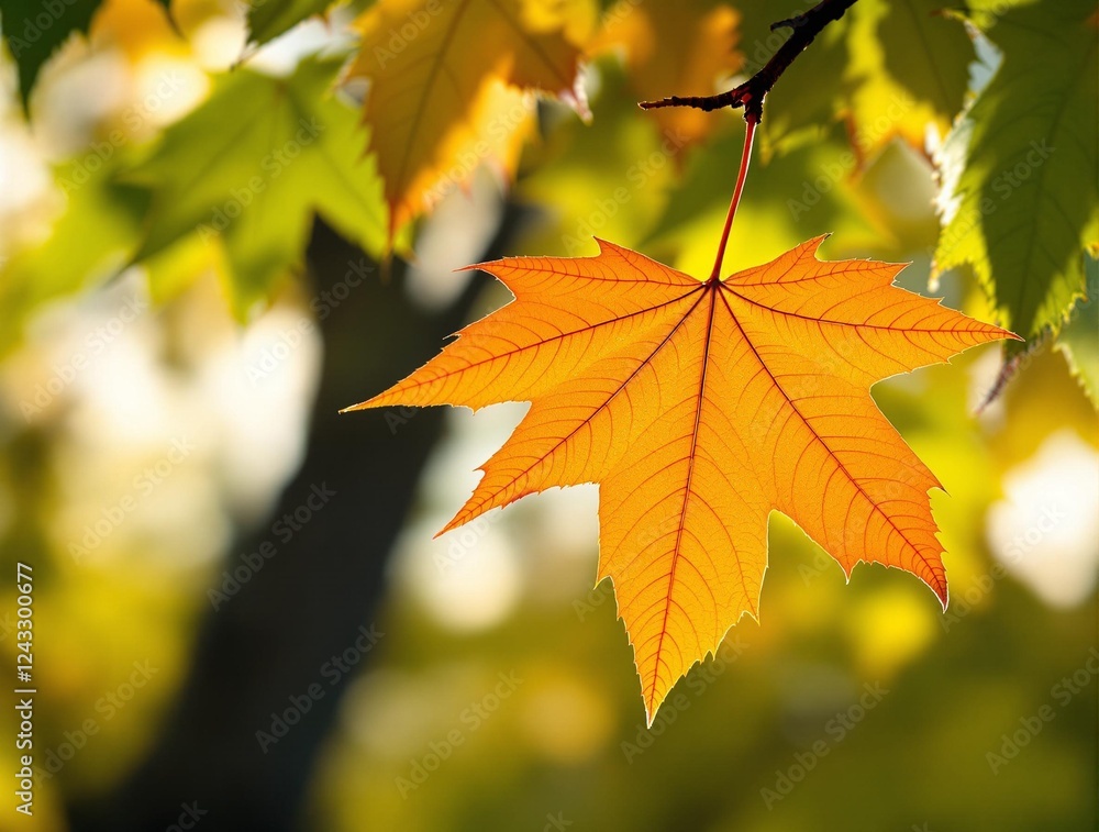 vibrant close-up of single orange maple leaf surrounded by green leaves with blurred bokeh background, highlighting seasonal transition vibrant close-up of single orange maple leaf surrounded by green leaves with blurred bokeh background, highlighting seasonal transition