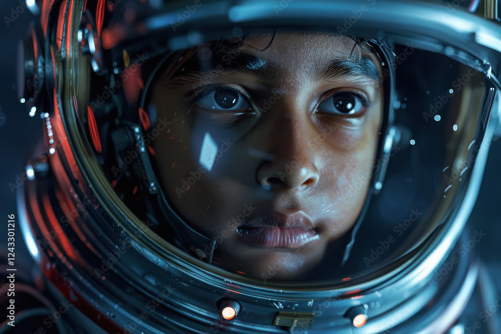 A close-up shot of Indian boy in space in a space suit. A close-up shot of Indian boy in space in a space suit.