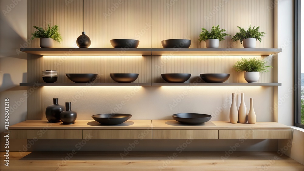 Φωτογραφία Modern minimalist home decor with sleek wooden shelves, illuminated, showcasing dark bowls, vases, and potted plants