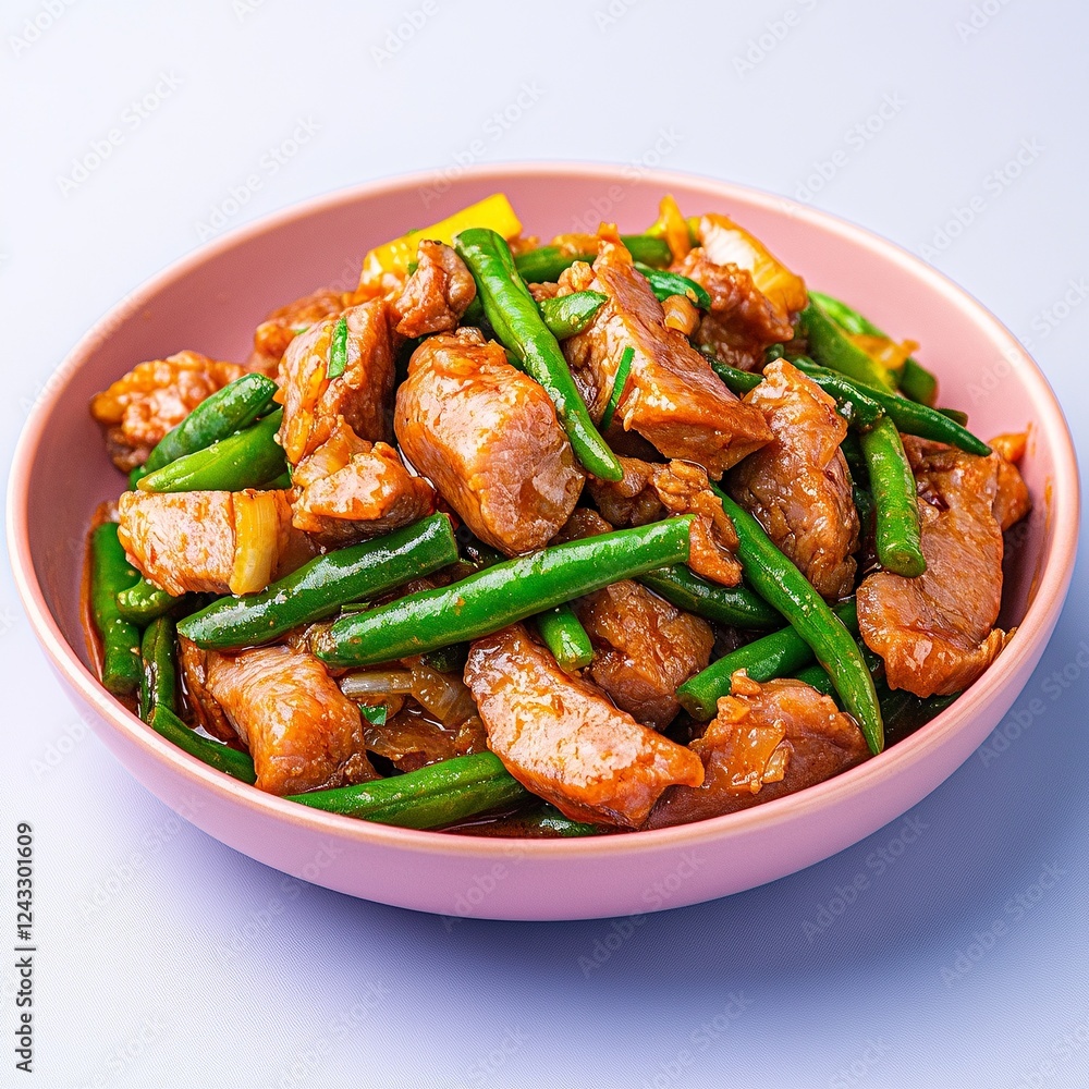 Thai pad prik king stir-fried pork with green beans, isolated on a white table Thai pad prik king stir-fried pork with green beans, isolated on a white table