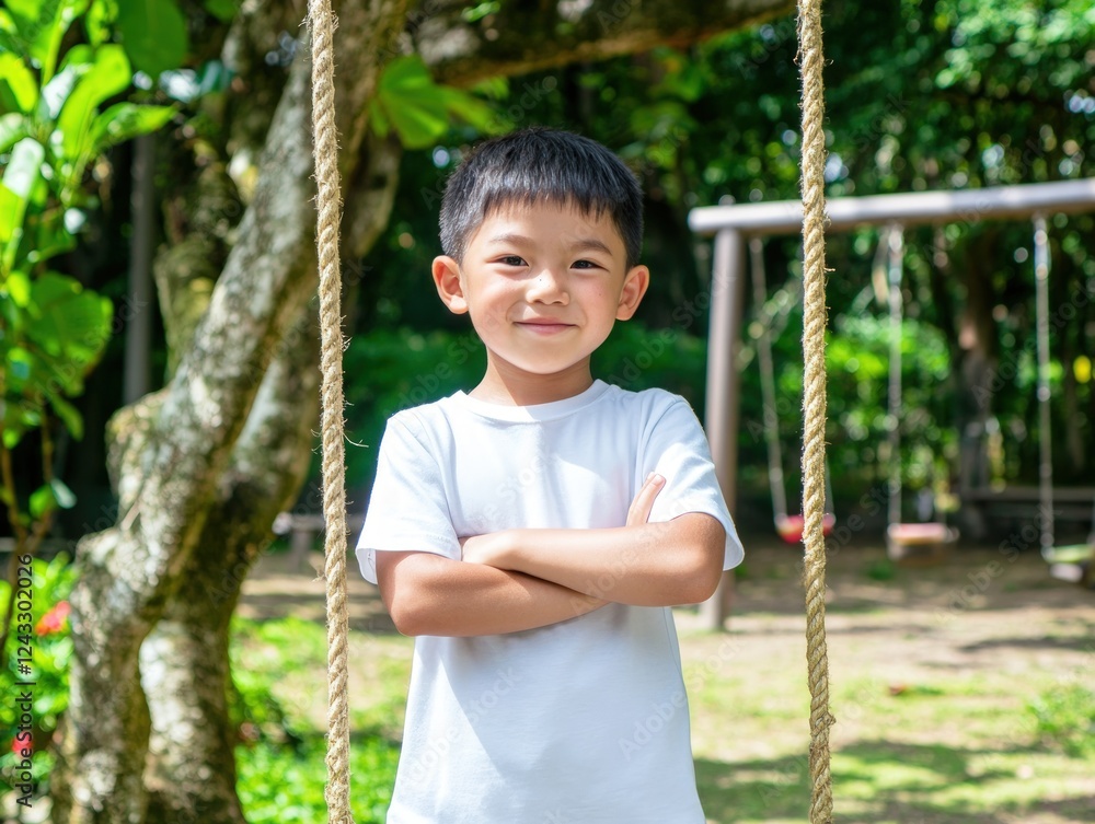 Adorable Boy Posing by a Rope Swing in a Lush Green Park.