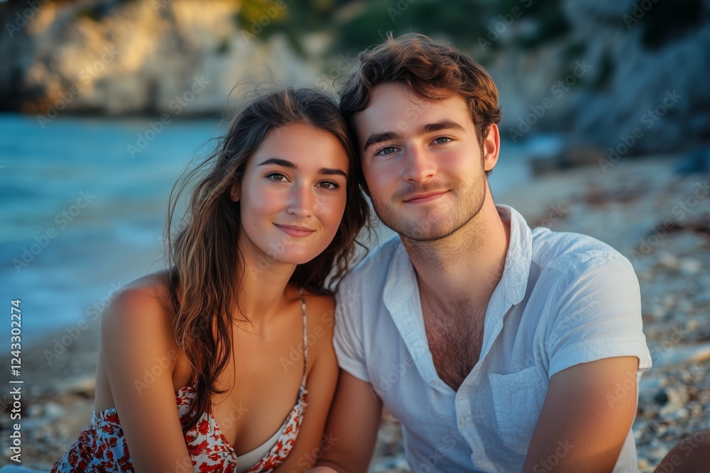 Couple delights in a luxurious beach sunset during their summer getaway Couple delights in a luxurious beach sunset during their summer getaway