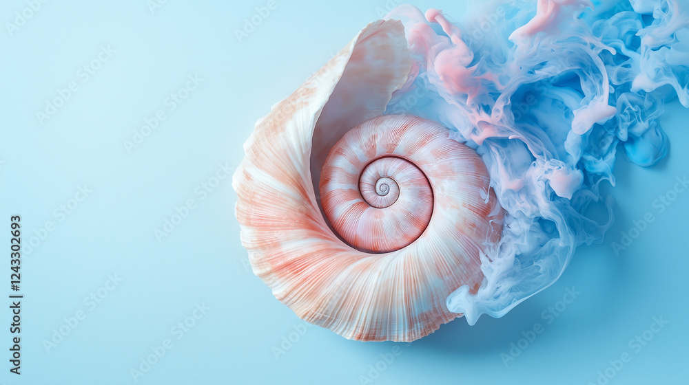 Pink Nautilus Shell on Light Blue Pastel Background with Paint Splashes and Copy Space Pink Nautilus Shell on Light Blue Pastel Background with Paint Splashes and Copy Space