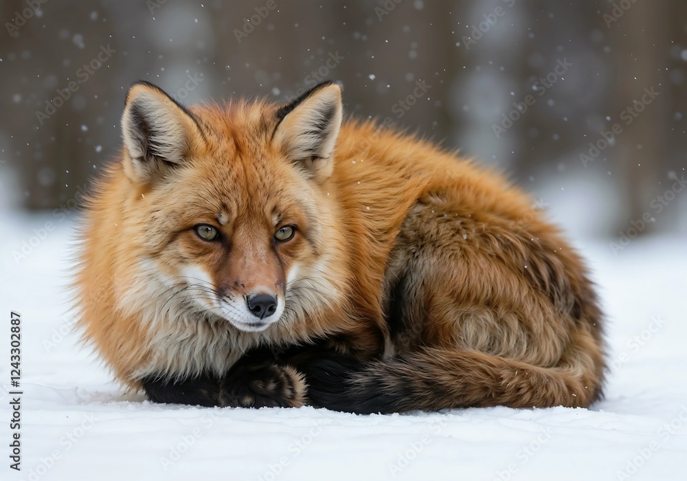 Fototapeta premium Majestic Fox Lying in Snowy Forest