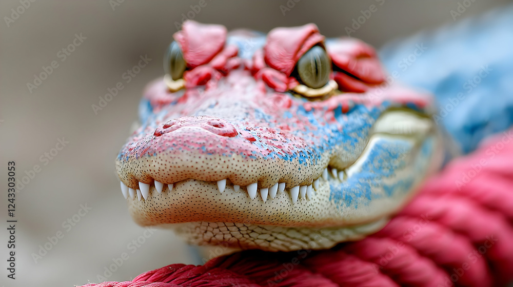 Painted alligator head close-up, resting on rope Painted alligator head close-up, resting on rope