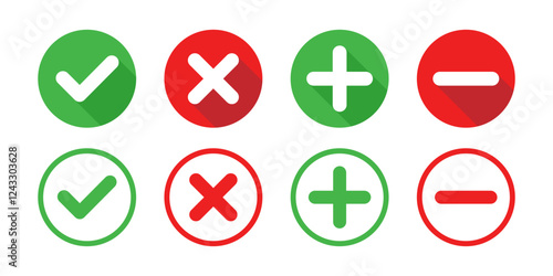 Set of check mark, X mark, plus sign and minus sign icons, buttons isolated on a white background