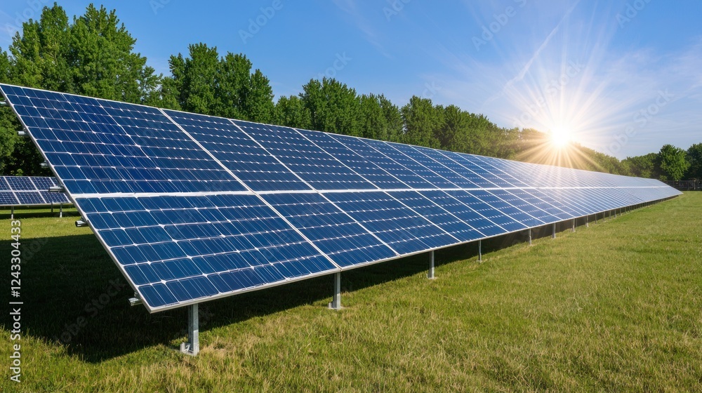 Solar Panels in a Green Field Under Bright Sunlight Solar Panels in a Green Field Under Bright Sunlight