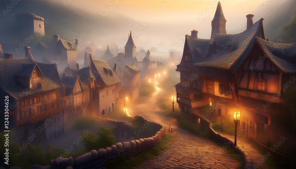 Obraz premium Medieval village road illuminating at golden hour with fog
