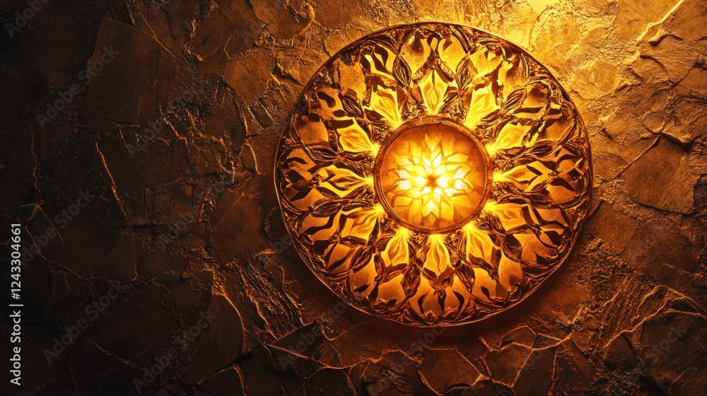 Obraz premium Ornate ceiling light glows, textured wall, interior design