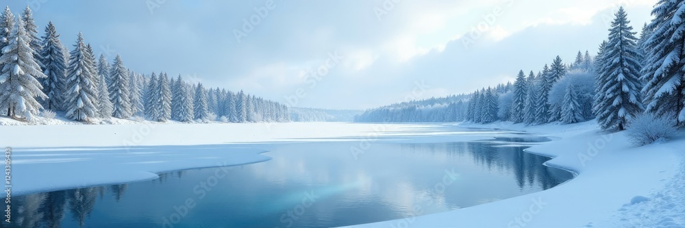 Frozen lake with snow-covered trees in the distance, ice, lake Frozen lake with snow-covered trees in the distance, ice, lake