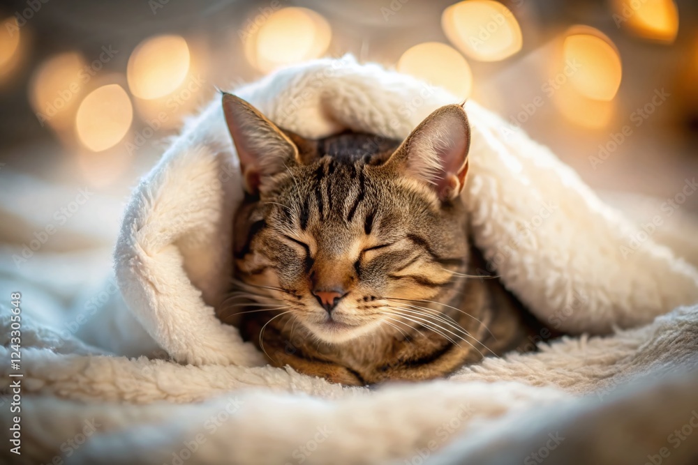 Obraz premium Cozy Grey Tabby Cat Napping Under White Blanket on Bed - Tilt-Shift Photography