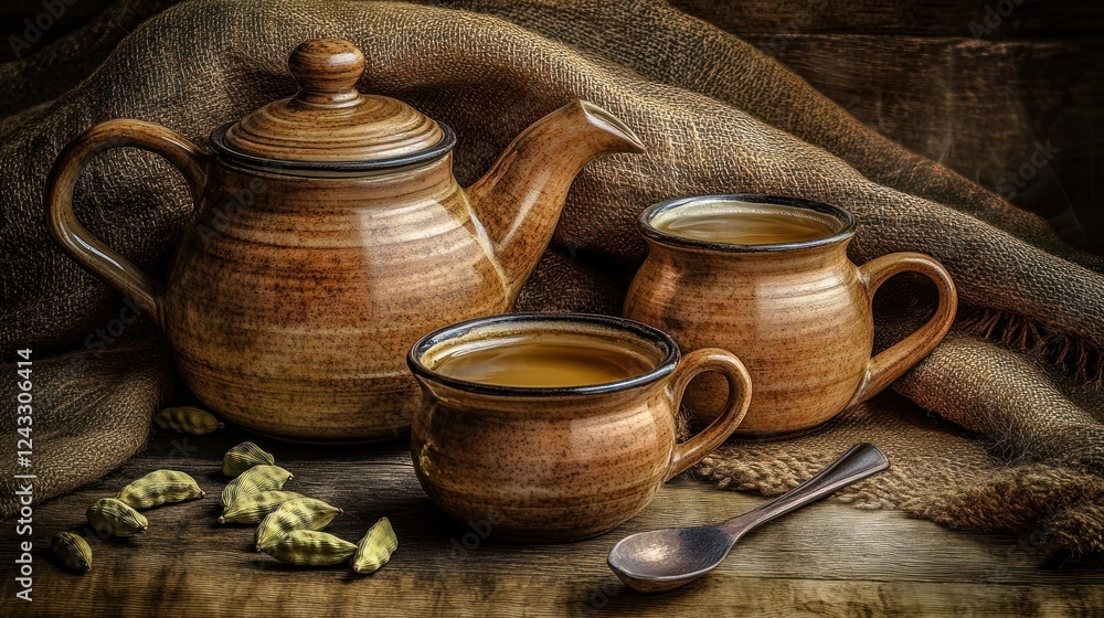 Rustic earthenware teapot, mugs, cardamom, tea, wooden table, burlap background, still life, beverage Rustic earthenware teapot, mugs, cardamom, tea, wooden table, burlap background, still life, beverage
