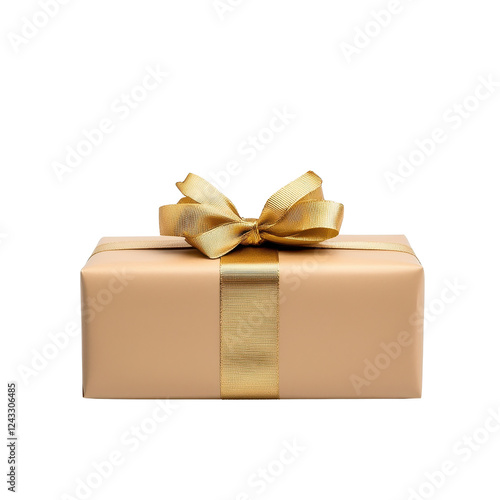 Elegant gift box with golden ribbon, isolated on white background.