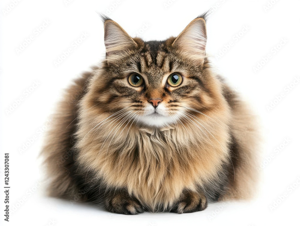 Fototapeta premium Adorable fluffy cat with expressive eyes and soft fur, sitting gracefully against a plain white background, capturing the essence of feline beauty and charm