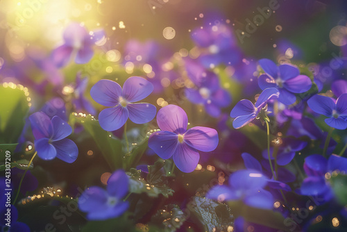 close-up of small violet flowers in the morning light photo