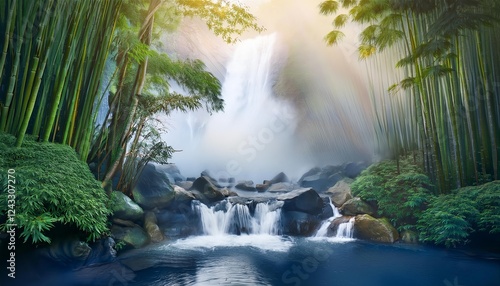 Fototapeta Naklejka Na Ścianę i Meble -  Waterfall cascading into river in a foggy bamboo forest at sunrise