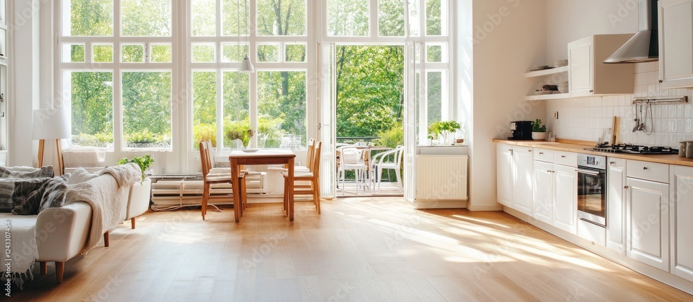 Fototapeta premium Bright and airy apartment interior design with large windows and a modern kitchen