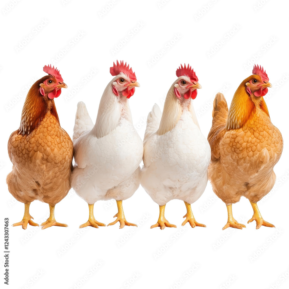 Fototapeta premium Four chickens standing in a row, white isolate background.