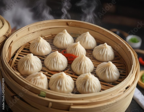 Steaming Basket of Freshly Steamed Xiao Long Bao, kitchen utensils, food, steam rising photo