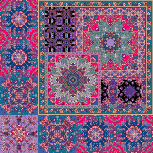 Beautiful patchwork pattern in vintage style. Endless decorative ornament with mandala, flowers and border.
