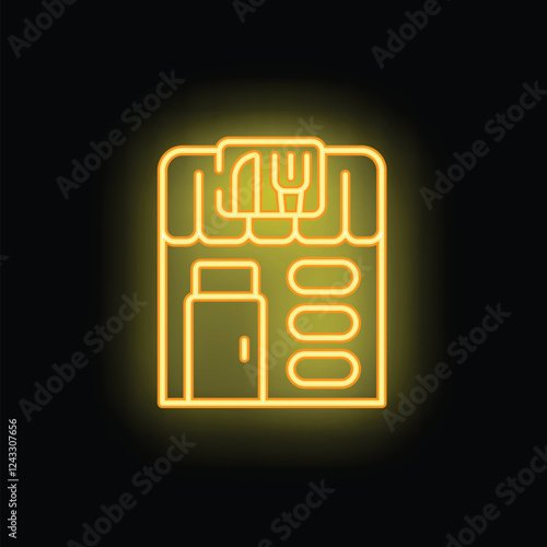 Neon sign depicting a vending machine, illuminated against a dark background, offering a variety of snacks and beverages