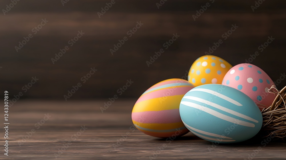 Easter day celebration with pastel tone easter eggs in a rustic setting Easter day celebration with pastel tone easter eggs in a rustic setting