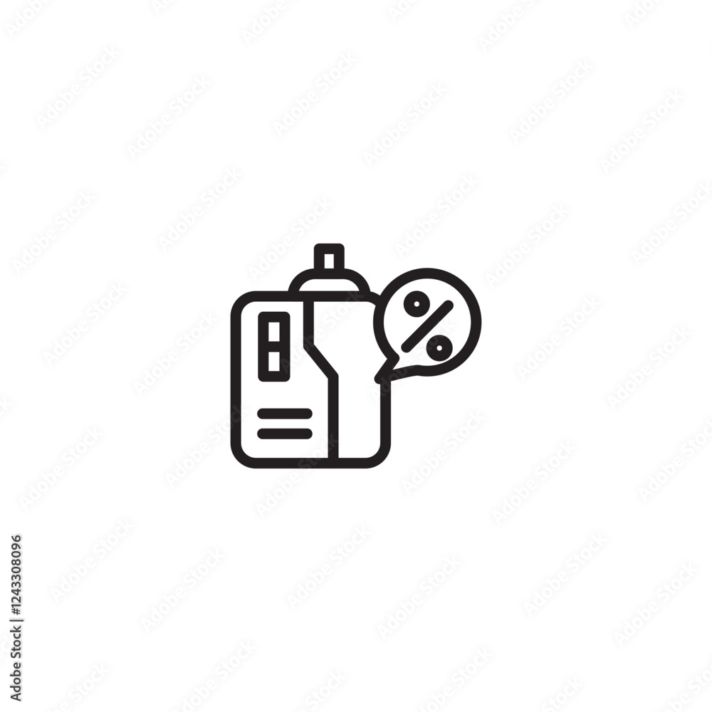 A spray can with a speech bubble next to it containing a percentage symbol (%). Represents a product discount, sale on spray paint, or promotional offer for an aerosol product. A spray can with a speech bubble next to it containing a percentage symbol (%). Represents a product discount, sale on spray paint, or promotional offer for an aerosol product.