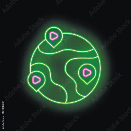 Neon green world globe showing location pins glowing on a black background