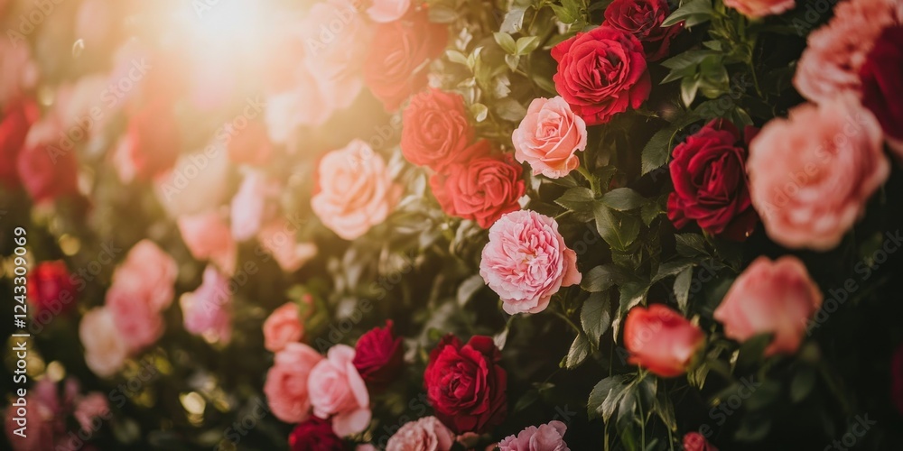 Sunlit Rose Wall: A Stunning Display of Pink and Red Roses Sunlit Rose Wall: A Stunning Display of Pink and Red Roses