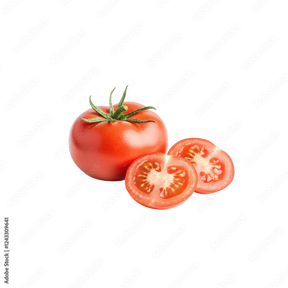 Fresh tomato with slices on a white isolated background. Fresh tomato with slices on a white isolated background.